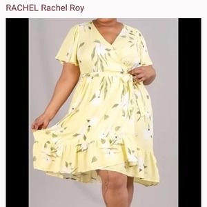 Rachel Rachel Roy yellow floral faux wrap dress 1X plus cinched waist v neck